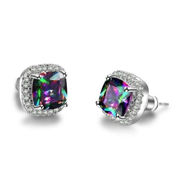 MULTICOLORED TOPAZ DIAMOND WHITE GOLD STUD EARRINGS - Picture 2 of 5
